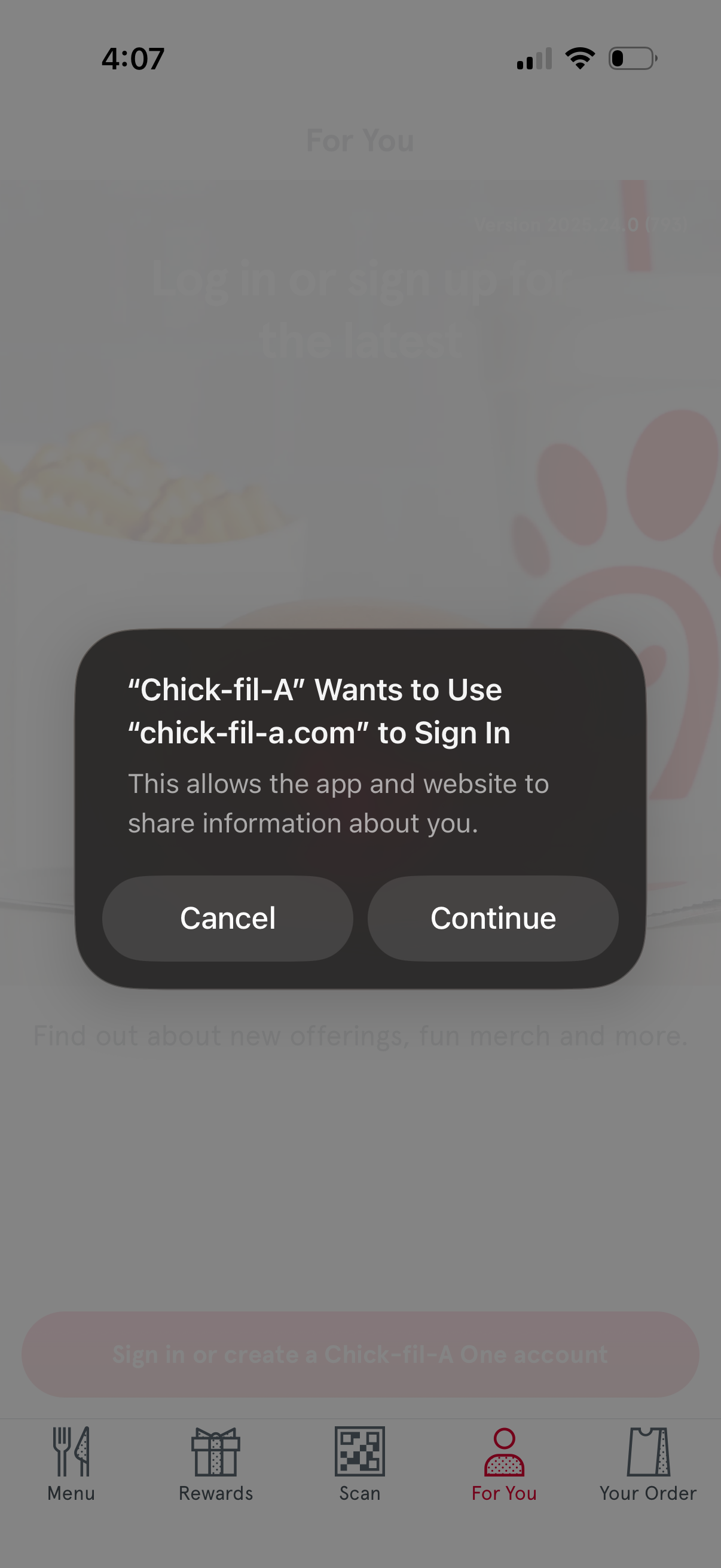 chick-fil-a modal screenshot